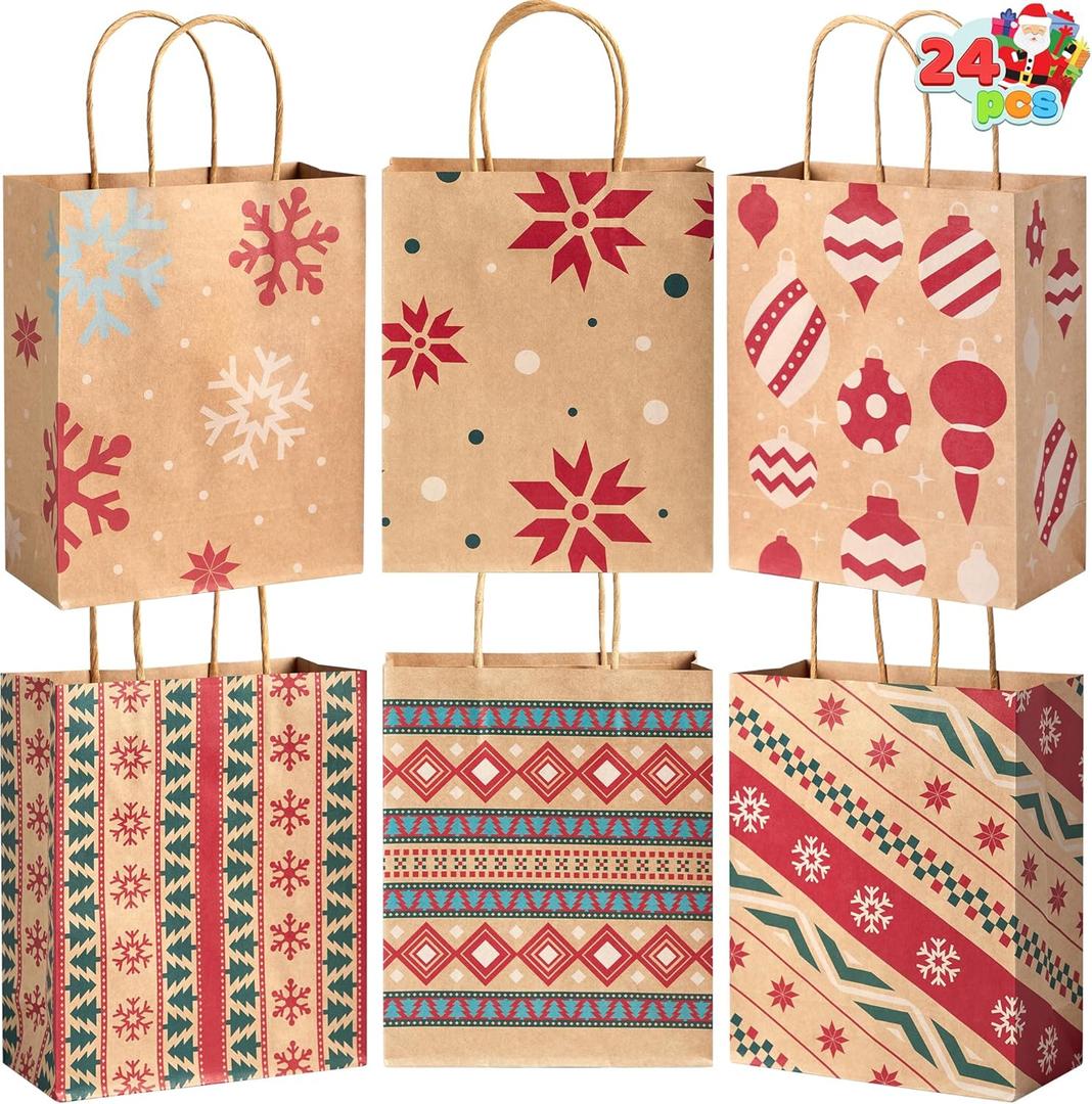 JOYIN 24 PCS Christmas Kraft Gift Bags for Present Wrapping, Holiday Paper Goody Gift Treat Candy Bags for Xmas Decor Supplies Classrooms Wedding and Party Favors (9" x 7.3" x 3.3") (Brown)