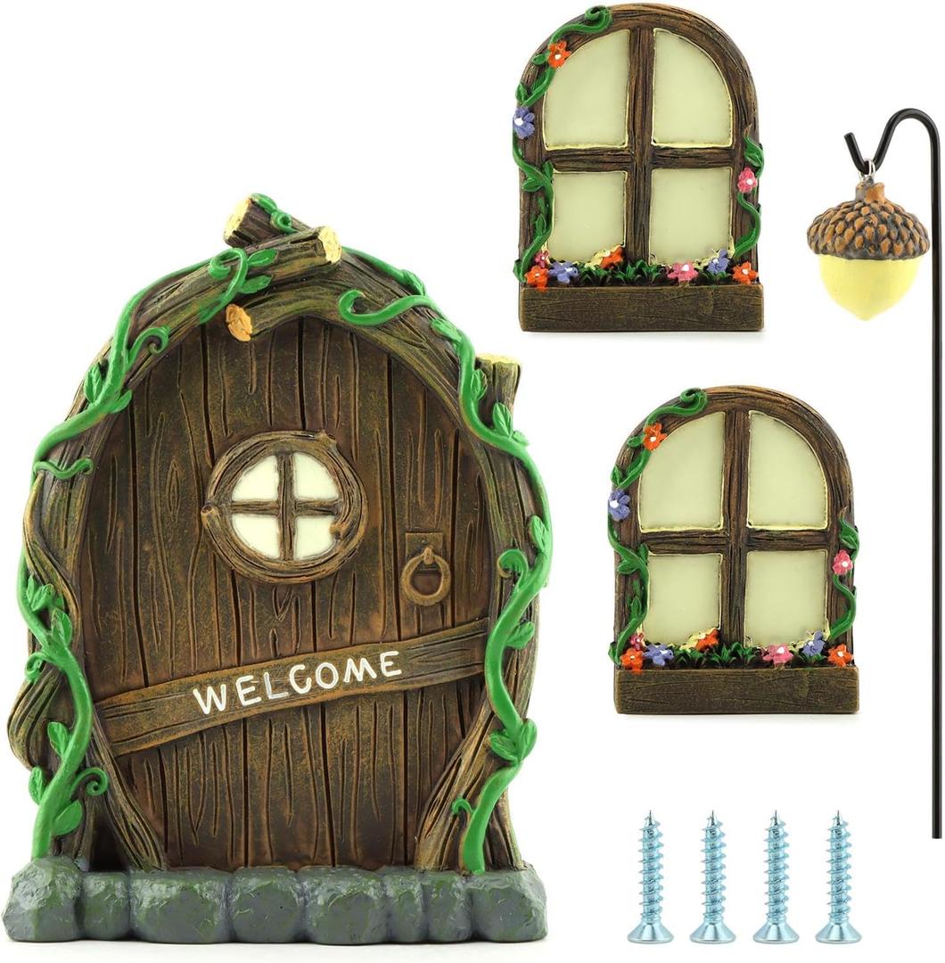 Miniature Fairy Door and Windows Garden Kit Accessories,Glow in The Dark Fairy Door Windows Yard Art Sculpture Decoration Garden Decor(Wood)