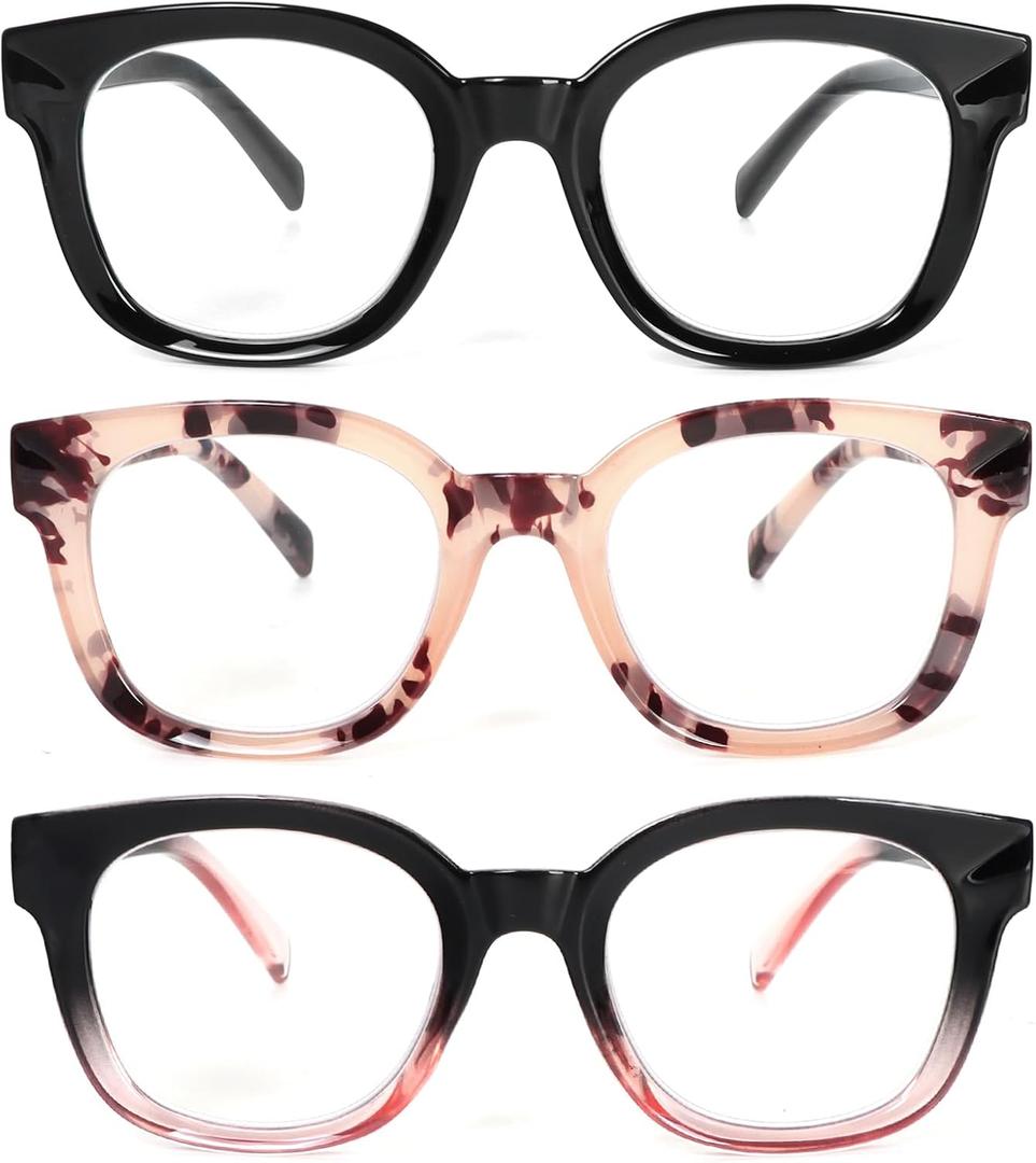 REAVEE 3 Pack Fashion Oversized Reading Glasses for Women, Blue Light Blocking Computer Readers with Spring Hinge