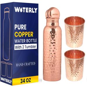 Hammered Copper Water Bottle (34 Oz /1000ml) With Set Of 2 Tumbler (10 Oz/300ml Each) | Best use for Office,Gym & gifts |100% Pure Copper Material with Leak proof Quality Made In India