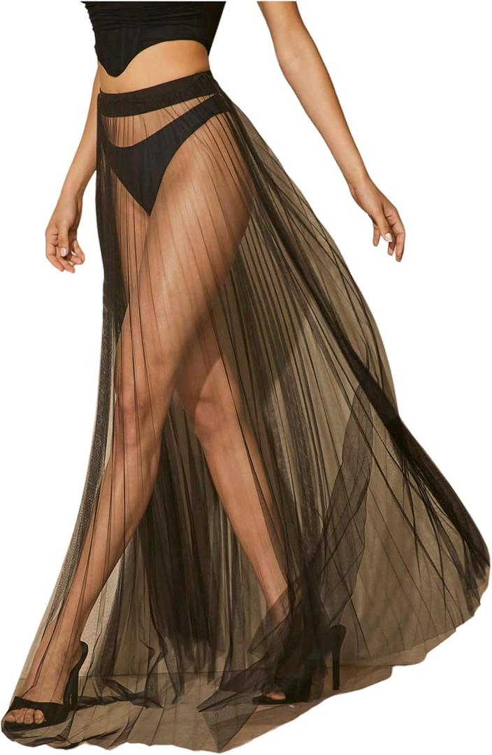 Verdusa Women's Mesh Sheer Lightweight Maxi Skirt A Line High Waist Flare Flowy Skirts (Medium)