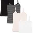 Amazon Essentials Women's Slim-Fit Camisole, Pack of 4, Black/Pale Pink/Stripe/White, Large