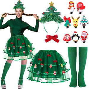 JenPen 4 Pcs Christmas Tree Costumes for Women Xmas Tutu Skirt Christmas Tree Headband Socks Xmas Outfit for Costume Bow Clips