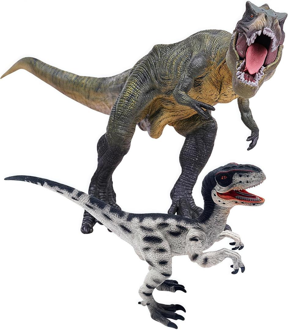 Gemini&Genius Tyrannosaurus Rex and Velociraptor Set with Movable Jaw Dinosaur Toys Dinosaur World Action Figures Birthday Gift Toys and Cake Topper for Kids 3-12 Years Old