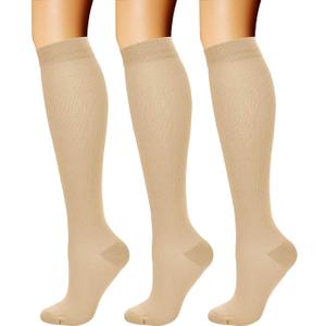 CHARMKING Compression Socks for Women & Men Circulation (3 Pairs) 15-20 mmHg is Best Athletic for Running, Flight Travel, Support, Cycling, Pregnant - Boost Performance, Durability (S/ M, Beige)