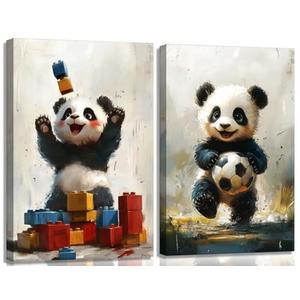 2Pcs Cute Panda Canvas Wall Art Nursery Baby Bear football Wall Decor Pictures Watercolor Animal Sports Painting Kids Room Posters Print for living Children Baby Bedroom Classroom Decoration