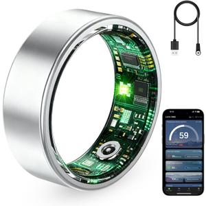 Smart Ring for Women & Men, Fitness Tracker Ring with Heart Rate Monitor, HRV, Sleep Tracking, No Subscription Fee, 10ATM Waterproof Activity Ring for Android & iPhone (Silver, 6#)
