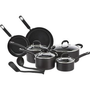 Amazon Basics Hard Anodized Non-Stick 12-Piece Cookware Set, Pots, Pans and Utensils, Black