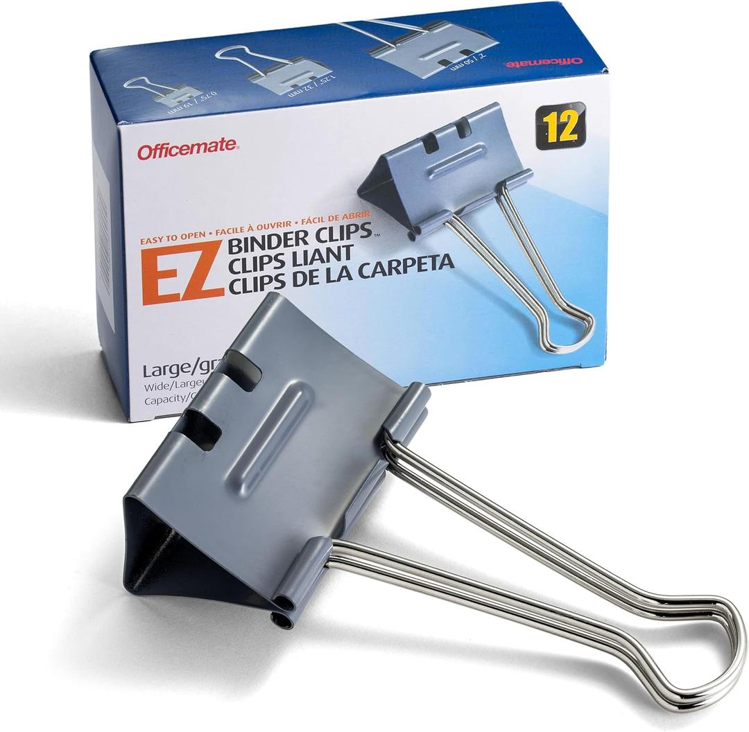 Officemate EZ Binder Clips, Large Size, 12/Box, Gray (99200)