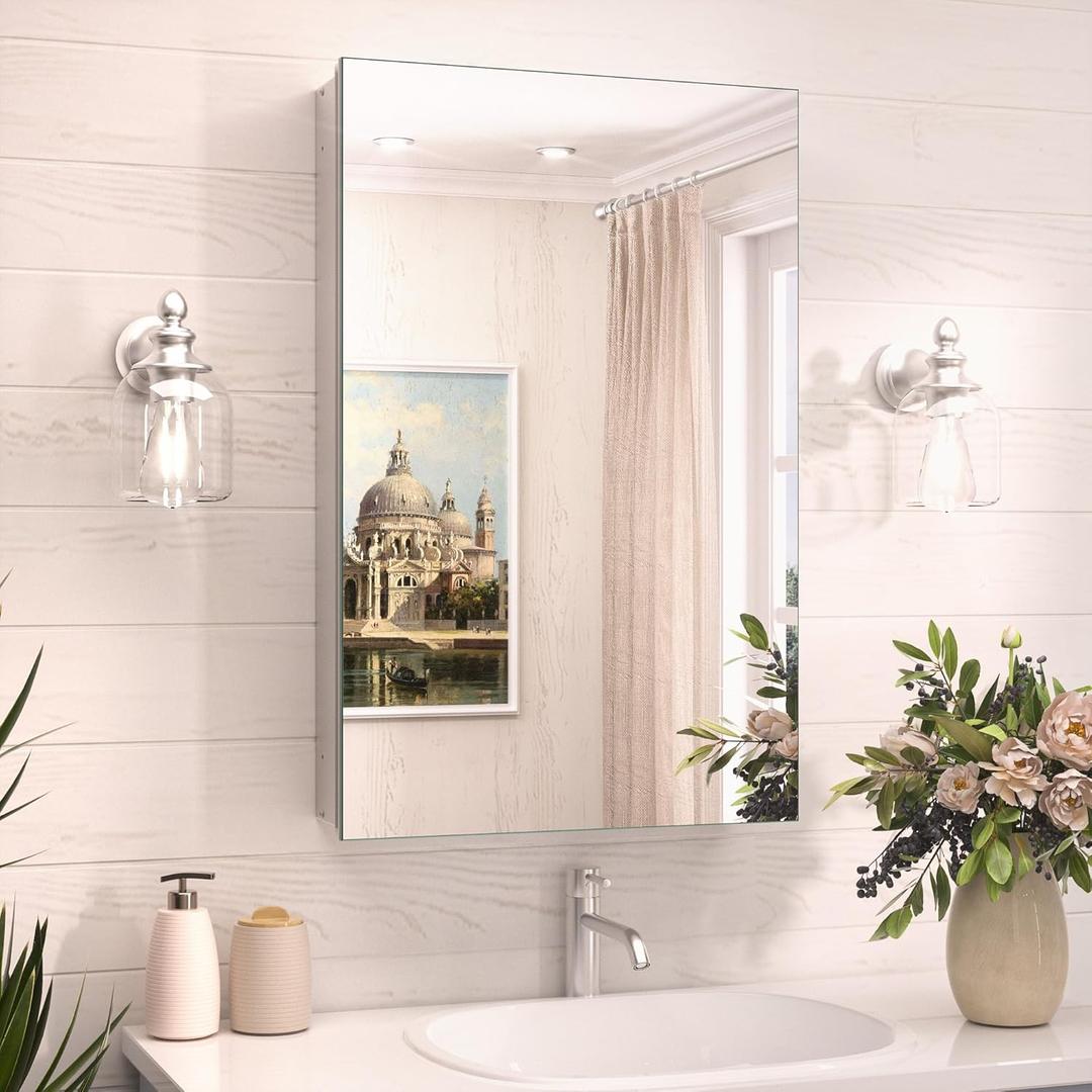 TokeShimi 16x26 Farmhouse Medicine Cabinet Recessed or Surface Mount Aluminum, Tempered Mirror with Adjustable Storage, Silver Bathroom Mirror Medicine Cabinet Frameless Metal Modern