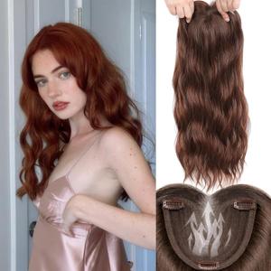 Hair Toppers for Women, 20 Inch Hand Tied Breathable Toppers Hair Pieces for Women with Thinning Crown Middle Part Clip in Bangs Mix Human Hair Curly Lightweight Wiglets (Auburn Brown, Middle Part)