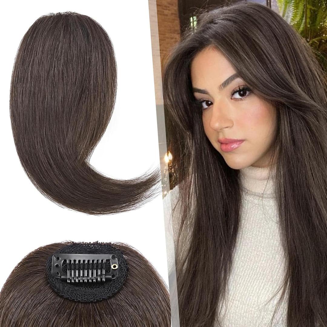 Hairro Clip in Wave Side Bangs Extensions, 100% Human Hair 2 PCS Clip on Middle Part French Bangs Thin Sides Swept Fringe Hairpieces (Dark Brown)