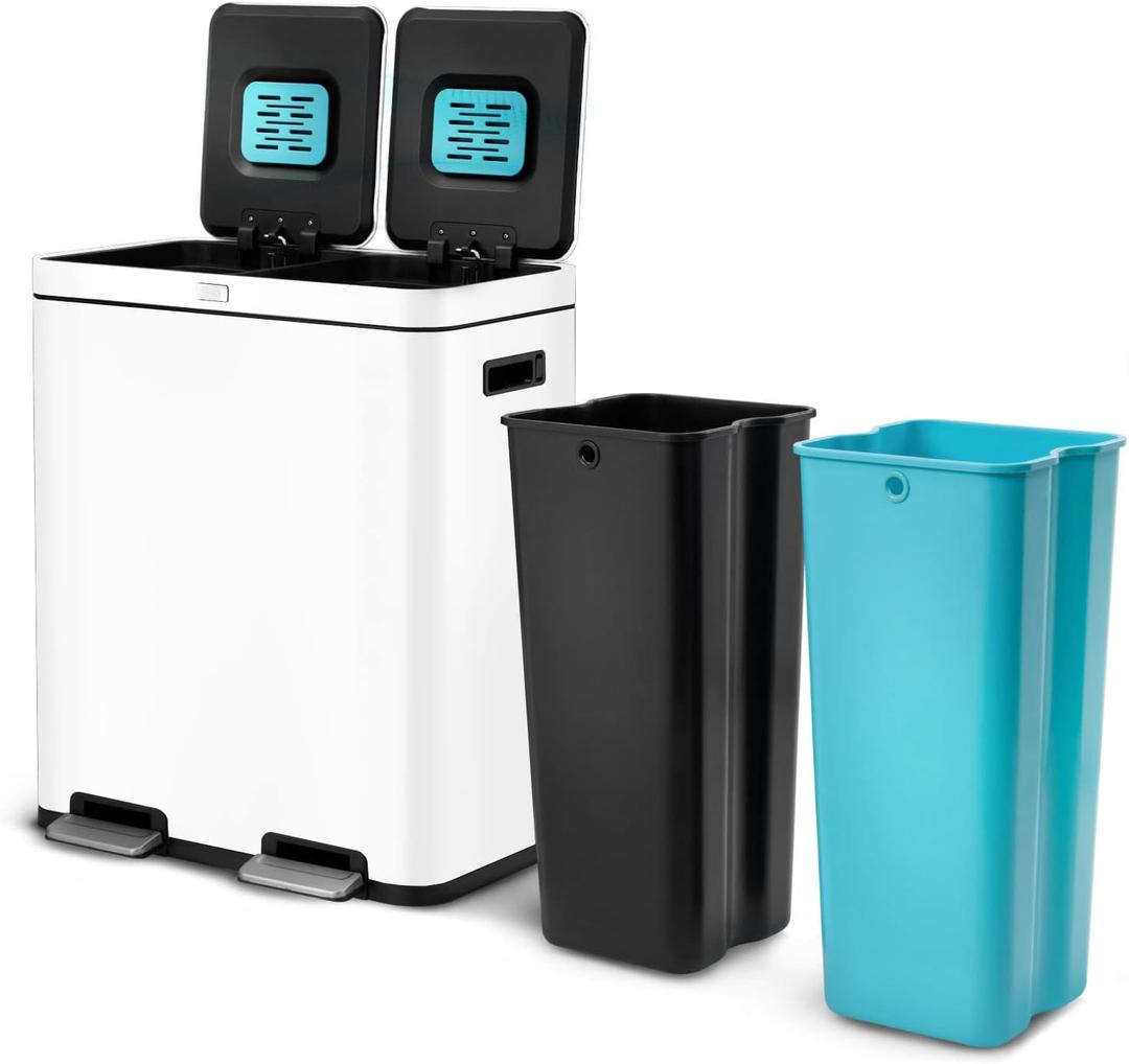 Home Zone Living 16 Gallon Kitchen Trash Can with Dual Compartments for Recycling, CleanAura Odor Control, Stainless Steel, Matte White, 60 Liters Total