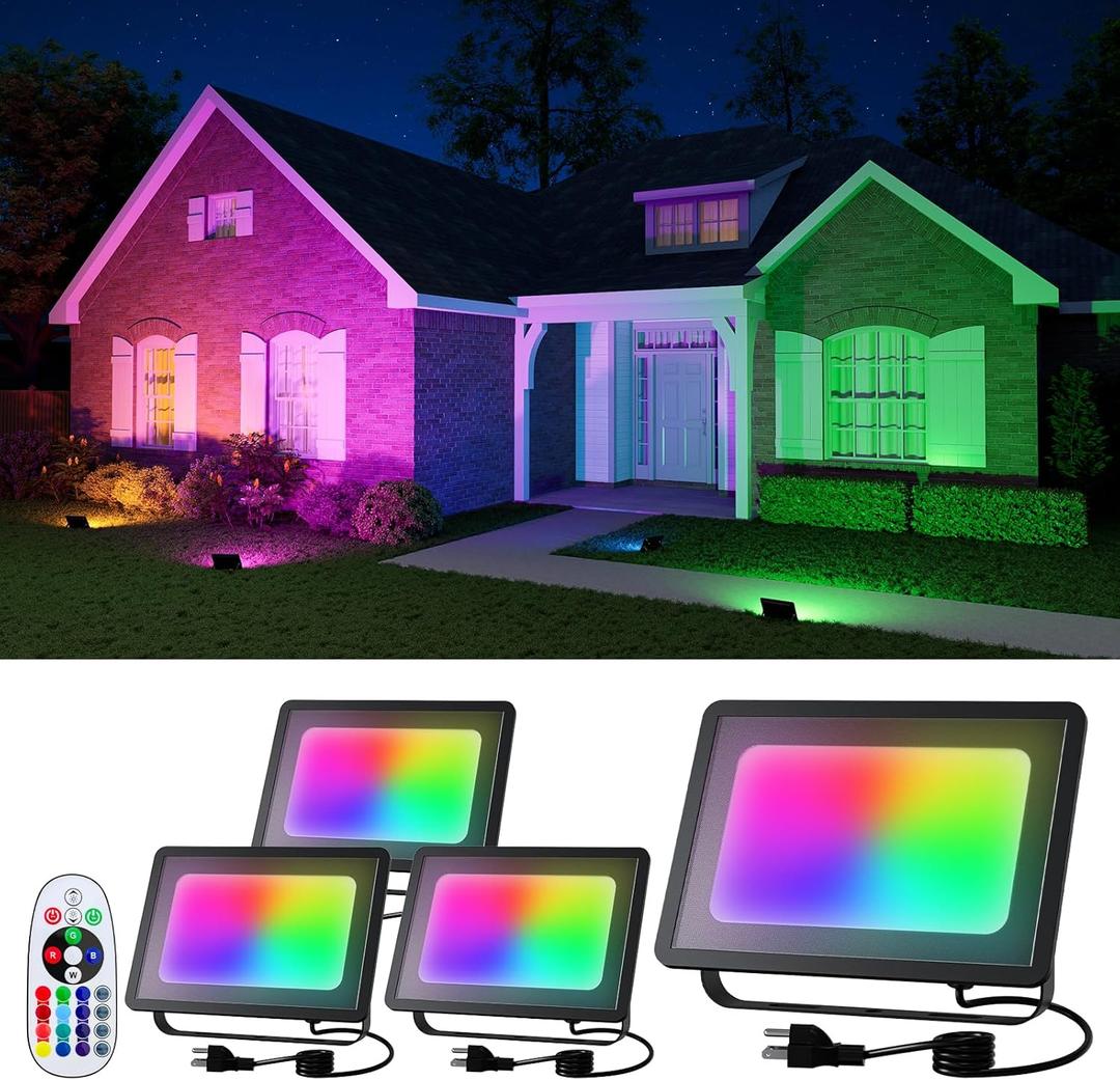 4 Pack 50W Halloween Color Change Floodlights with Remote Warm White Waterproof Led Flood Lamp 16 Multicolor Indoor and Outdoor Landscape Up Lighting for Skeleton, Bat, Witch, Tree, Garden, Wall, Yard