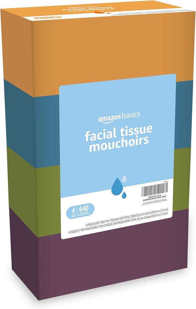 Amazon Basics Facial Tissue, 2-Ply, 160 Tissues per Box, 4 Boxes (640 total) (Previously Solimo)