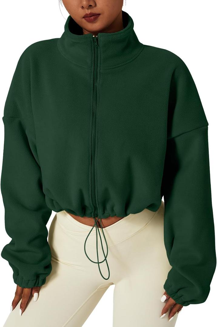 QINSEN Women's Full Zip Fleece Short Jacket Warm Winter Long Sleeve Stand Collar Sherpa Crop Coat Forest Green S