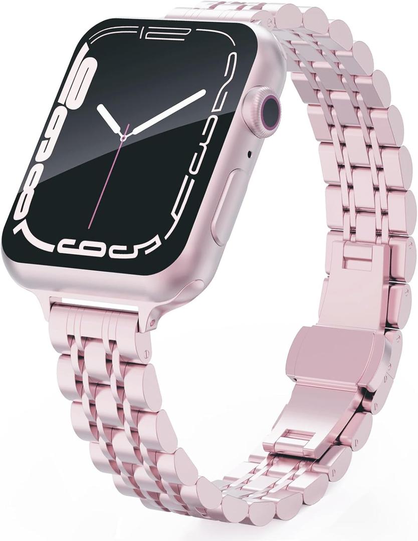 Slim Metal Watch Bands Compatible With Apple Watch 41mm 40mm 38mm 45mm 42mm 44mm 49mm, Thin Stainless Steel Chain Link for Women iWatch Series 9/8/7/SE/Ultra/6/5/4/3/2/1 (Pink)