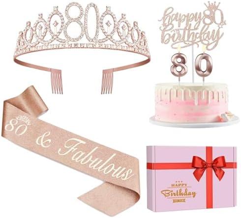 80th Birthday Decorations for Women, Including 80th Birthday Sash and Crown, Cake Topper and Candles, 80 Year Old Gifts for Women