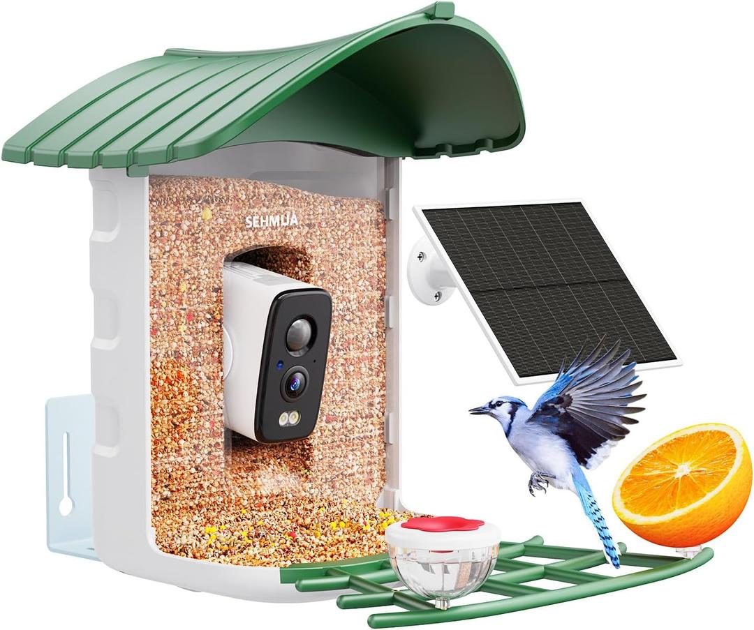 Bird Feeder with Camera, 1 Year Trial AI Identify, Birds Watching Camera with 4 DIY Add-ons, Smart Birds Cam with Solar Panel for Outdoor, Auto Record Videos, Gift for Bird Lover (Forest Green)