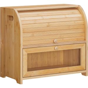HOOBRO Bread Box, Bamboo Bread Box for Kitchen Countertop, 2 Tier Roll-Top Bread Bin, Food Storage Box, Large Capacity Keeper, Wooden Storage Cabinet, for Kitchen, Dining Room, Natural YL13MB01