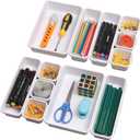 Set of 12 Interlocking Desk Drawer Organizer Tray Dividers Plastic Shallow Narrow Drawers Organizers Separators Storage Bins Container for Kitchen Bathroom Makeup Office Vanity Bedroom Dresser White