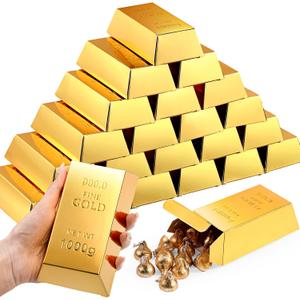 Honoson 24 Pcs Gold Bar Fake Gift Box Foil Gold Bar Party Favor Boxes Paper Golden Favor Boxes Treasure Brick for Pirate Casino Theme Party Decorations Candy Treats Chocolate Toys, 5.5 x 3.2 Inches