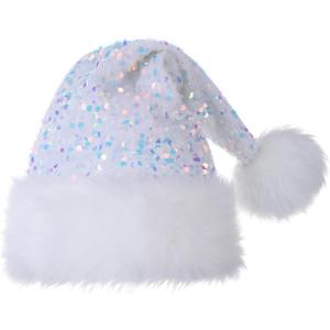 Personalized Sequin Santa Hat for Adults, Red Glitter Christmas Party Hat, Xmas Halloween New Year Holiday Headwear (White)