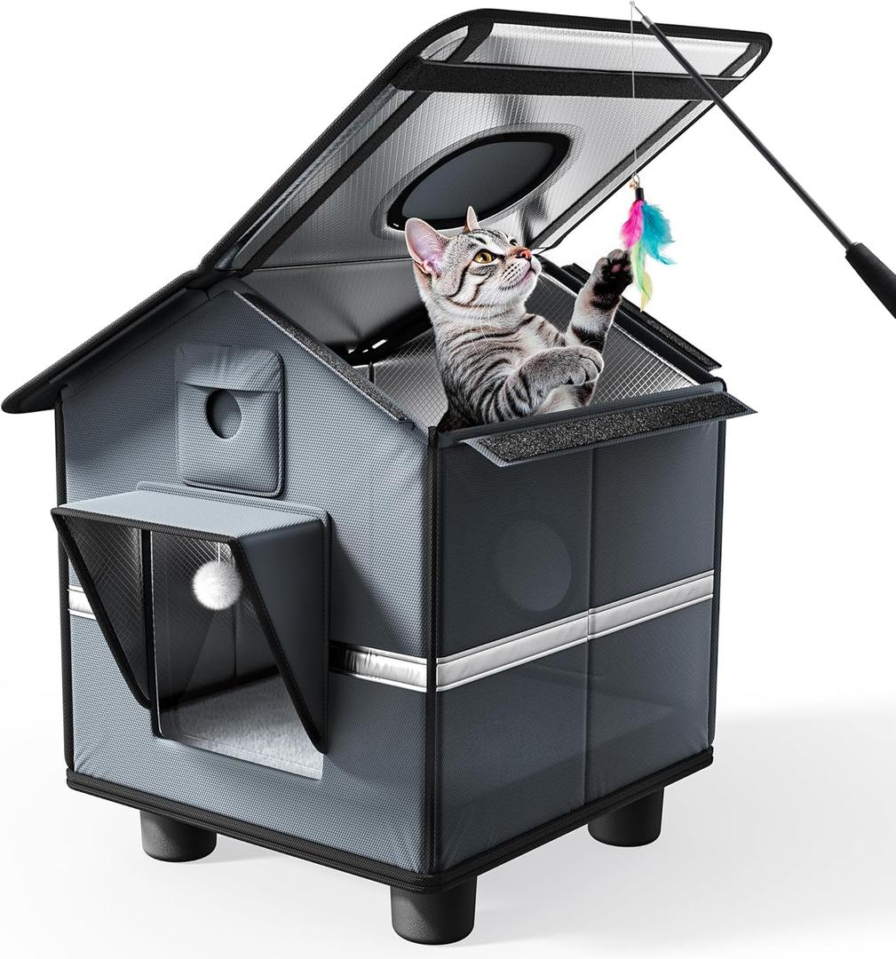 Outdoor Cat House with Raised Base & Toy Included, Weatherproof Feral Cat Shelter with Folding Roof, Insulated Warm Hideaway for All Seasons, for Cats Up to 12 lbs