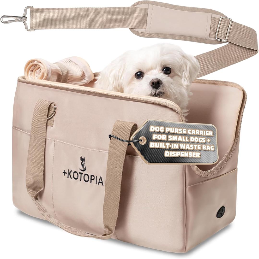 Dog Purse Carrier for Small Dogs – Soft-Sided Travel Tote with Top Mesh, Built-In Poop Bag Dispenser (Bags Not Included) & Shoulder Strap – For Pets up to 12 lbs – 16"x7.5"x12