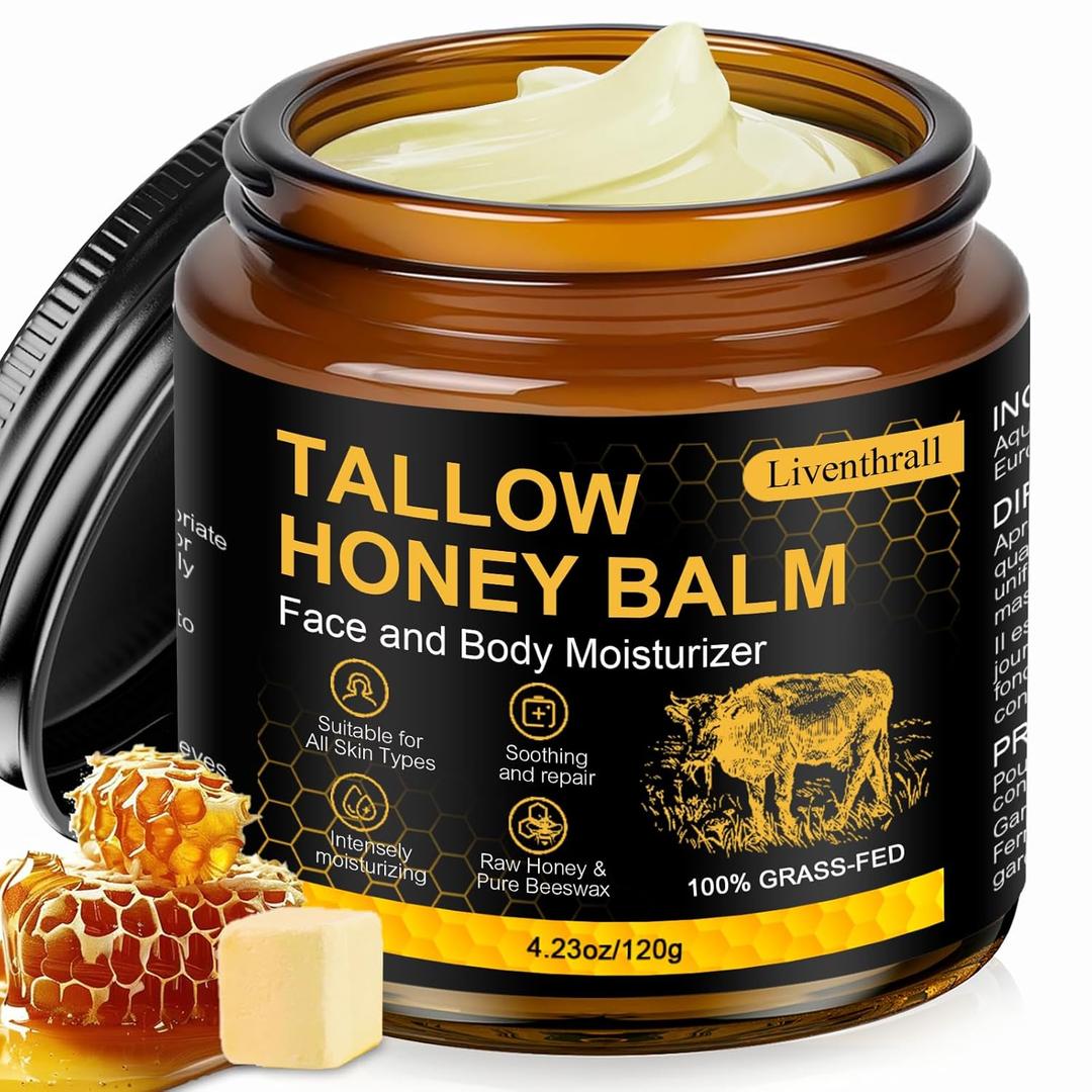 Organic Beef Tallow Honey Balm for Skin & Face, Whipped Beef Tallow Face Moisturizer with Raw Honey, Grass Fed Cow Beef Tallow Cream, All Natural Pure Body Lotion for Women & Men, Unscented 4.2 OZ