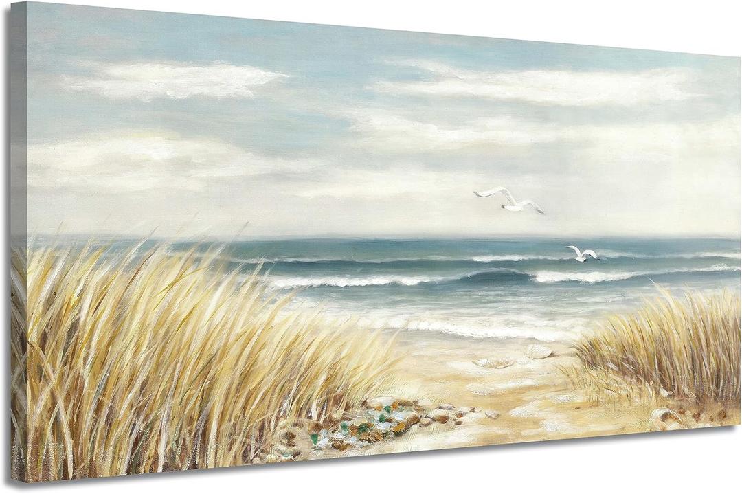 ARTISTIC PATH Abstract Beach Painting Wall Art: Seashore Artwork Hand Painted Coastal Picture on Canvas for Office (40''W x 20''H,Multi-Sized)