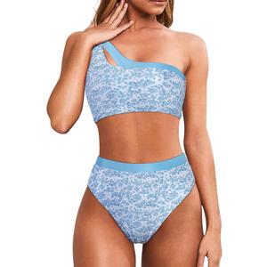 MOOSLOVER Women Cutout One Shoulder High Waisted Bikini High Cut Two Piece Swimsuits (Large, Blue Floral-23)