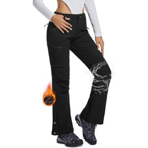 Women's Snow Ski Hiking Pants Waterproof Fleece Lined Softshell Insulated Winter Snowboarding Outdoor Flare Pants, Black, XXL