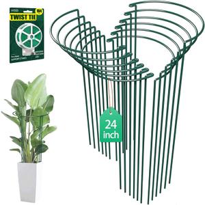 12 Pack 24 inch Plant Support Stakes, Half-Round Metal Garden Flower Stakes, Large Peony Support Ring and Cage for Indoor and Outdoor Plants, Hydrangea, Tomato, Rose, Monstera with Plant Ties (24INCH-12PACK)
