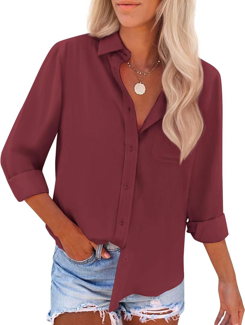 siliteelon Button Down Shirts for Women Dress Shirts Long Sleeve Wrinkle Free Work Office Fitted Blouse Tops with Pocket (Large, Dark Red)