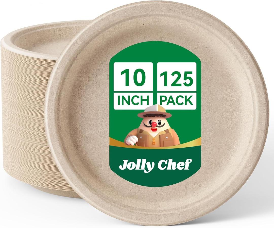 JOLLY CHEF Compostable Heavy Duty Plates   [ ] Eco-Friendly Disposable Paper Plates Made of Bagasse Biodegradable Bulk for Party Dinner Sugarcane Thanksgiving Day (Natural)