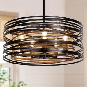 19.7'' Farmhouse Chandelier for Dining Room, Kitchen Lighting Fixtures Ceiling, 5-Light Black Pendant Light Fixture, Modern Industrial Drum Hanging Light for Over Table Foyer Entryway Hallway