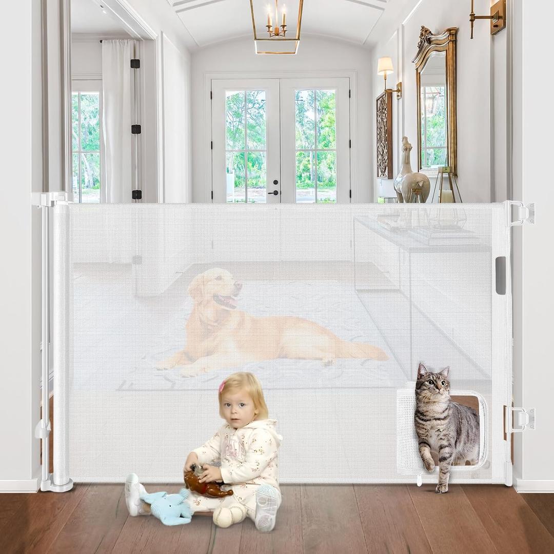 Retractable Baby Gates with Cat Door 80" Wide Retractable Dog Gate with Pet Door Outdoor Retractable Gate for Dogs Retractable Pet Gate with Door Mesh Baby Gate Retractable Mesh Dog Gate (White)