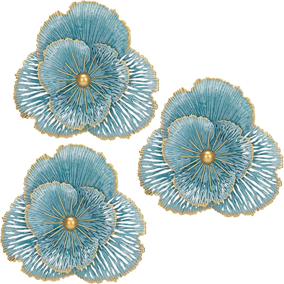 DILATATA 3 Pcs Metal Flower Wall Art Set 10 Inch Rustic Modern Floral Sculpture 3D Metal Flower Wall Hanging Accent for Indoor Living Room Bedroom Kitchen Bathroom Garden Patio Decor - Blue
