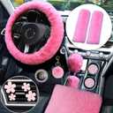 14-Pack Fluffy Car Accessories Set,Silence Shopping Fluffy Steering Wheel Cover Winter Warm Fur Steering Wheel Cover Short Hair Car Decoration Accessories for Women Girls (Pink)