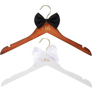 2 Pcs Bride Hanger Bride and Groom Wooden Wedding Dress Hanger Set with Bow Tie for Tuxedo Suit Wedding Gift Bridal Party Shower