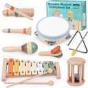 Baby Musical Instruments Set, Montessori Wooden Toys for Toddlers 3+, Neutral Colors Percussion Instruments with Xylophone, Maracas & Tambourine for Kids Preschool Educational and Birthday Gifts