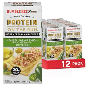 Bumble Bee Prime Protein on the Run Snack Kit, Pack of 12 - Gourmet Tuna Marinated in Olive Oil & Mild Jalapeno with Crackers and Serving Utensil - Easy Open Can (EXP 09/30/27)