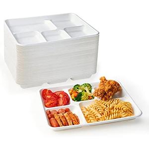 ECOLipak 100% Compostable 5 Compartment Plates, 125 Pack Disposable Paper Plates, Heavy-Duty Biodegradable Sugarcane Plates, Eco-Friendly School Lunch Trays 