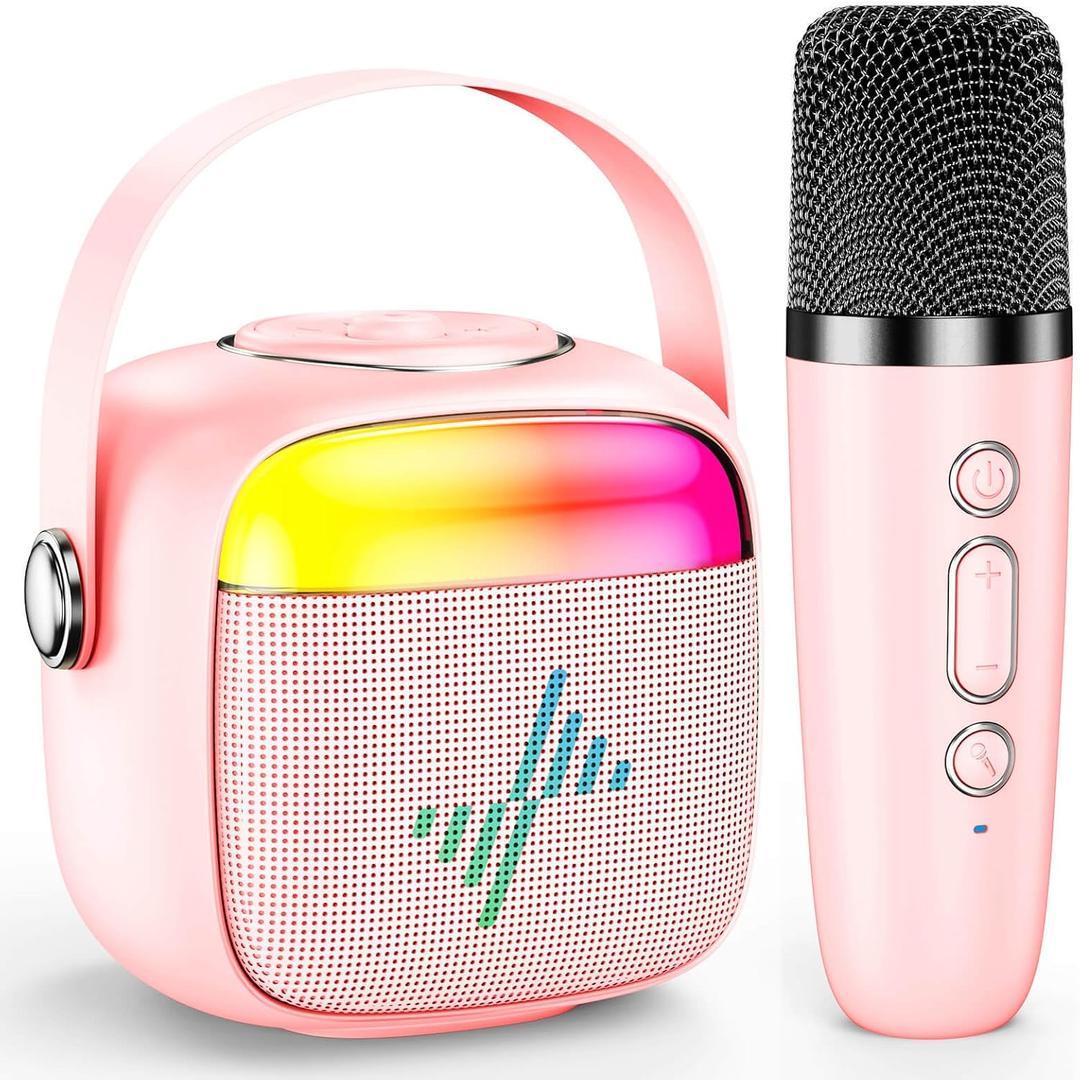 LENRUE Karaoke Machine for Kids, Birthday Gifts for Girls Boys Teens with Wireless Microphone, Colored Lights, Trendy Stuff Gifts for 3, 4, 5, 6, 7, 8, 9, 10 +Year Old (Pink)