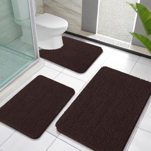 OLANLY Bathroom Rugs Sets 3 Piece, Soft Absorbent Chenille Bath Mats and U-Shaped Contour Toilet Rug, Quick Dry, Home Decor Accessories, Bath Mat Set for Bathroom (30"x20"+24"x16"+24"x20", Brown)