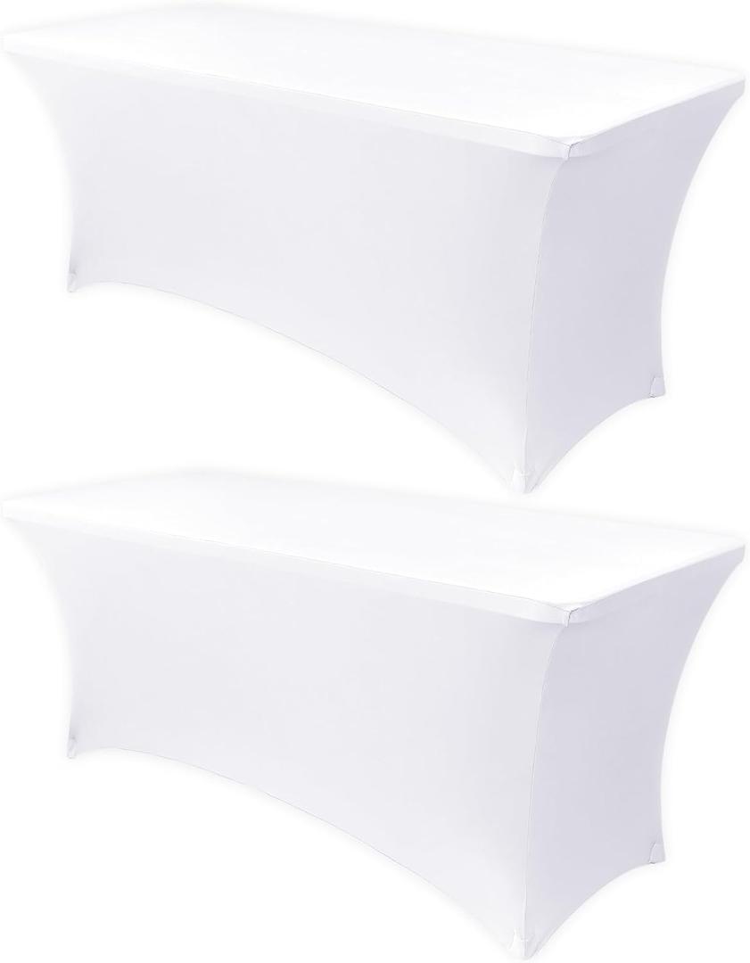 Obstal 6ft Stretch Spandex Table Cover - 2 Pack Universal Rectangular Fitted Tablecloth Protector for Wedding, Banquet and Party, White