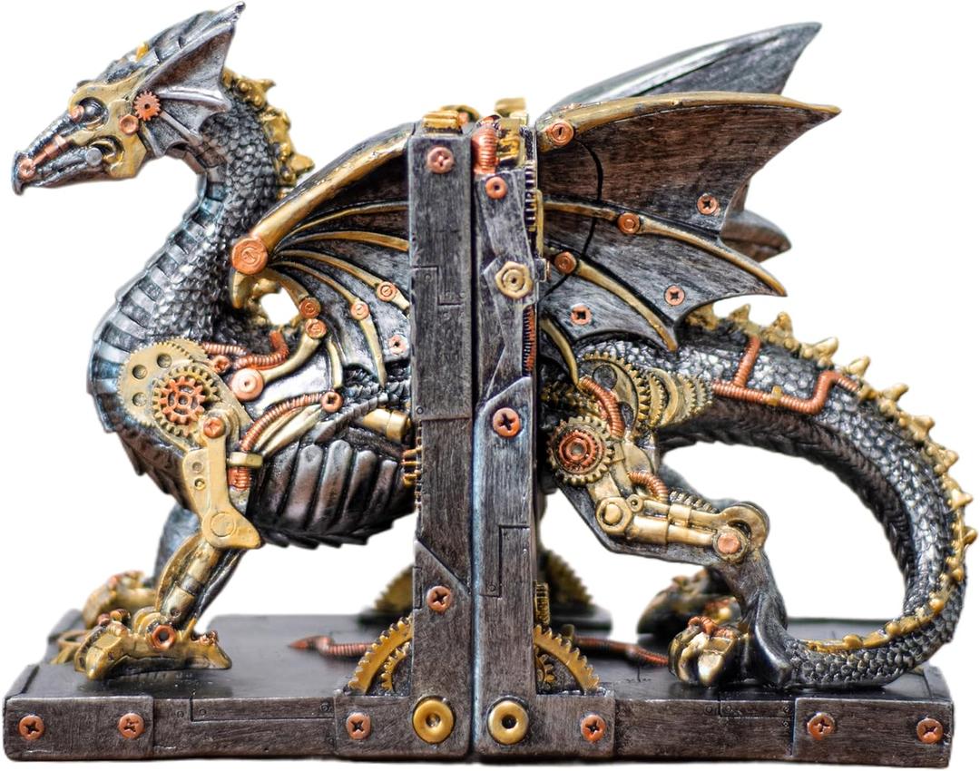 Large Steampunk Fantasy Dragon Statue, Decorative Bookends for Heavy Books, Unique Book Ends Decor for Shelves.