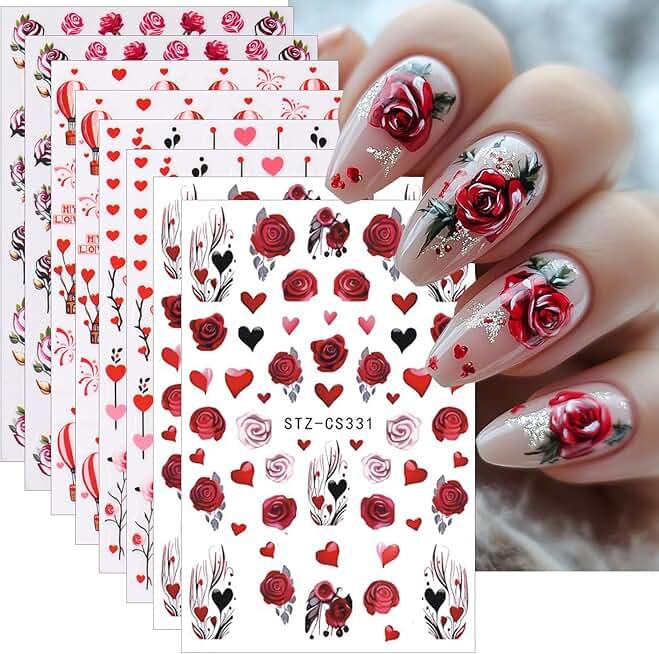 3 x 8Sheets Nail Stickers ins Valentine's Day Romantic Love Hot Air Balloon Rose Flower Heart Tree Nail Art Sticker 3D Self-Adhesive Nail Decals Valentine's Designs Manicure DIY Nail Decorations for Women