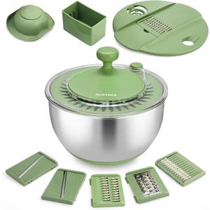 SUSTEAS Stainless Steel Salad Spinner Large, Vegetables Wash Bowl, Fruits & Herb Lettuce Dryer with 5 Blade Slicer Egg Yolk Strainer Shredder for Efficient Salad Preparation and Food Washing, 4.25Qt